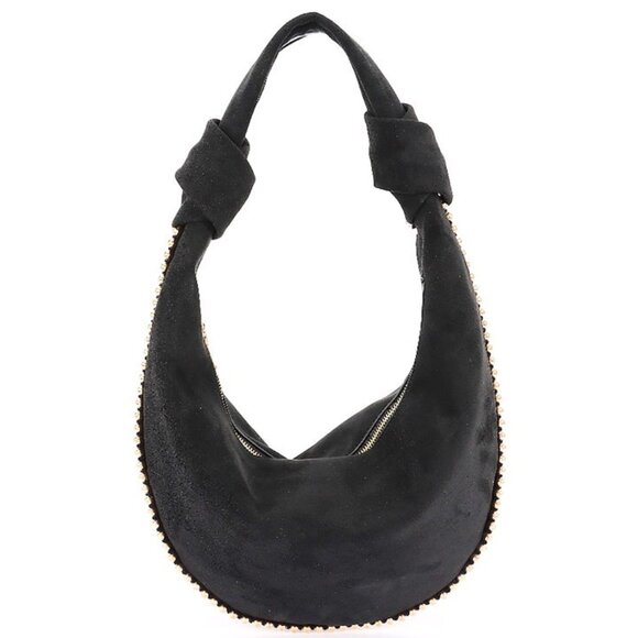 Handbags - Black Vegan Leather Hobo Bag for Women Studded Faux Suede Shoulder Purse, Large